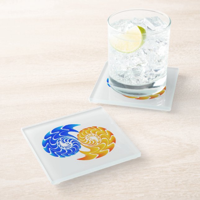 Abstrakt Blue Gold Yin Yang Fishing Balance Glasuntersetzer (Schrägansicht)