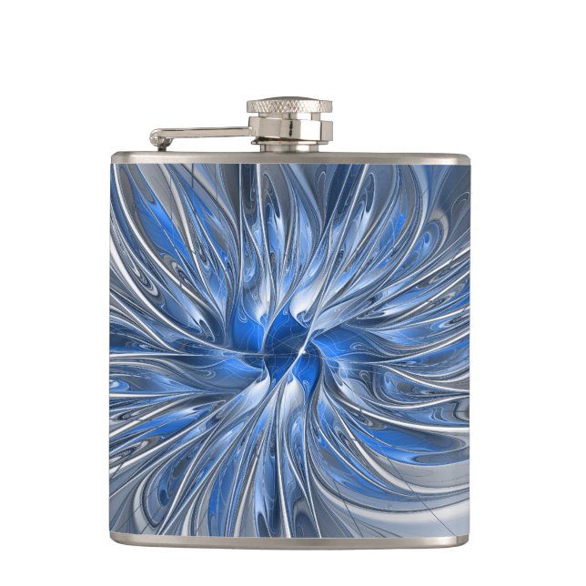 Abstrakt Blue Gray Fraktal Art Blume Flachmann (Vorderseite)