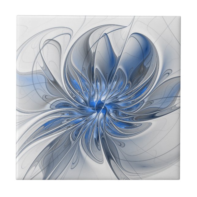 Abstrakt Blue Gray Fraktal Art Blume Fliese (Vorderseite)