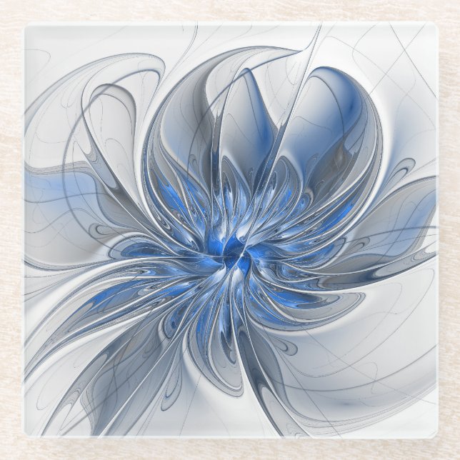 Abstrakt Blue Gray Fraktal Art Blume Glasuntersetzer (Vorderseite)