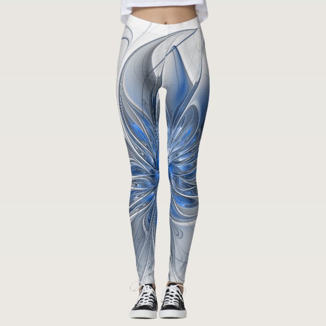 Abstrakt Blue Gray Fraktal Art Blume Leggings (Vorderseite)