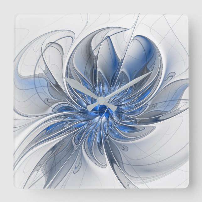 Abstrakt Blue Gray Fraktal Art Blume Quadratische Wanduhr (Vorderseite)