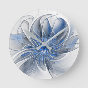Abstrakt Blue Gray Fraktal Art Blume Runde Wanduhr