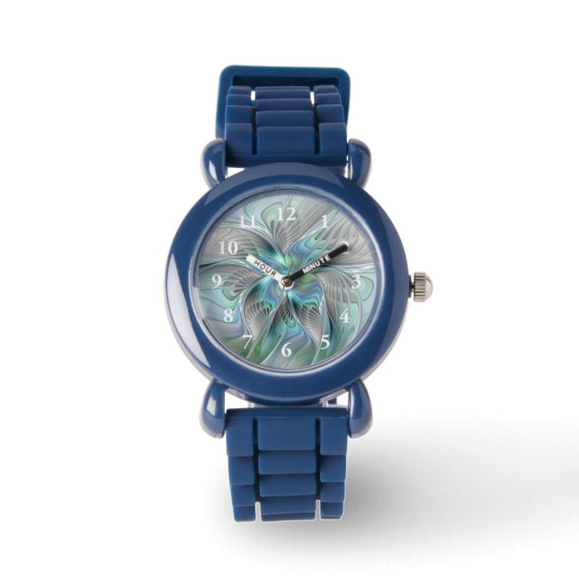 Abstrakt Blue Green Butterfly Fantasy Fraktal Art Armbanduhr (Vorderseite)