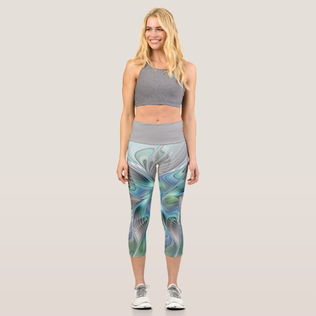 Abstrakt Blue Green Butterfly Fantasy Fraktal Art Capri Leggings (Vorderseite)