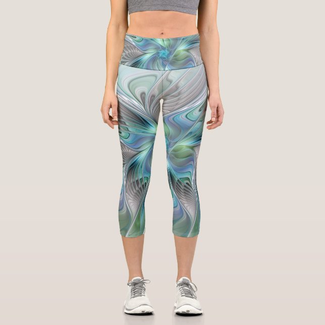 Abstrakt Blue Green Butterfly Fantasy Fraktal Art Capri Leggings (Vorderseite)
