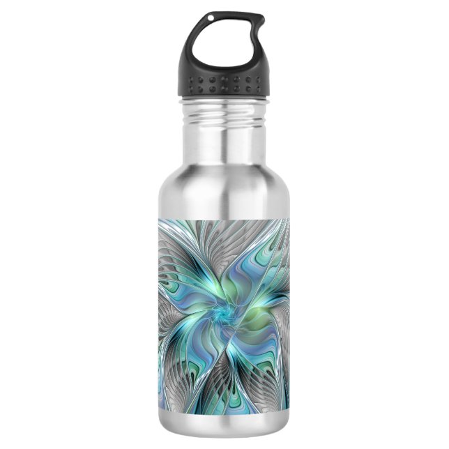 Abstrakt Blue Green Butterfly Fantasy Fraktal Art Edelstahlflasche (Vorderseite)