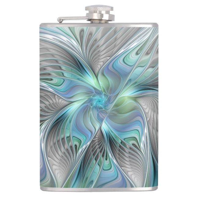 Abstrakt Blue Green Butterfly Fantasy Fraktal Art Flachmann (Vorderseite)