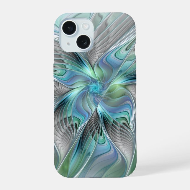 Abstrakt Blue Green Butterfly Fantasy Fraktal Art iPhone 15 Hülle (Rückseite)