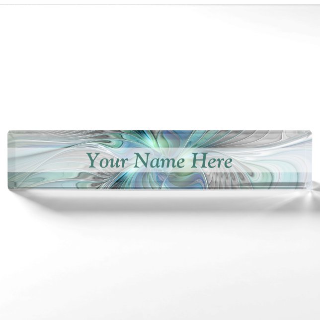 Abstrakt Blue Green Butterfly Fantasy Fraktal Art Namensplakette (Vorderseite)