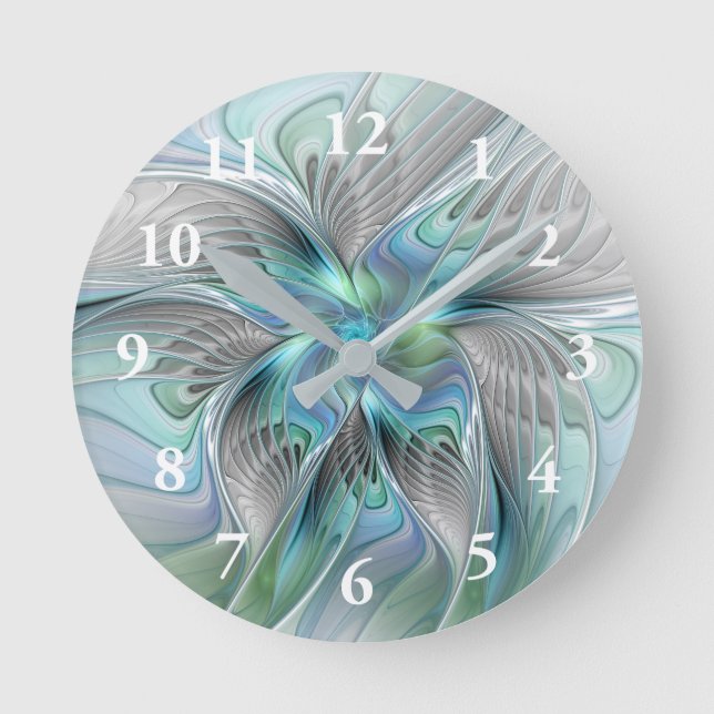 Abstrakt Blue Green Butterfly Fantasy Fraktal Art Runde Wanduhr (Vorderseite)