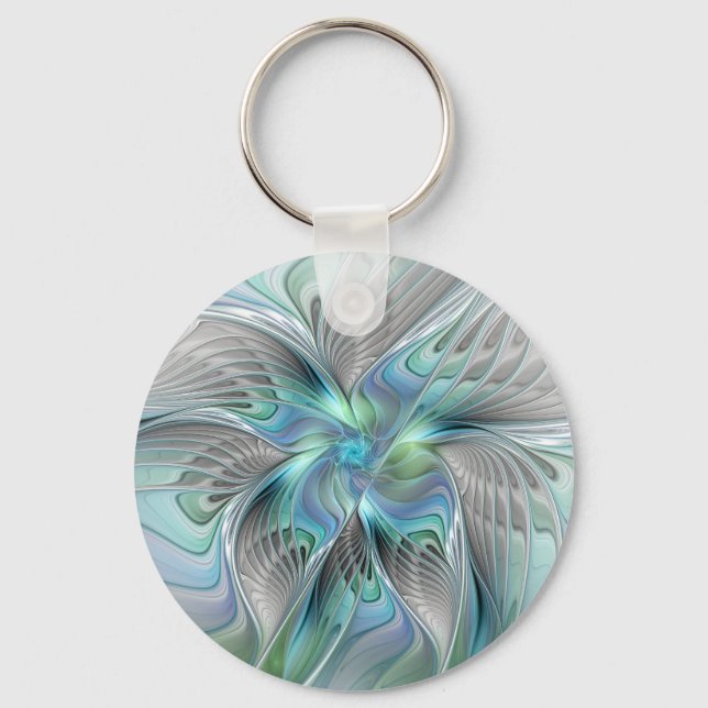 Abstrakt Blue Green Butterfly Fantasy Fraktal Art Schlüsselanhänger (Vorderseite)