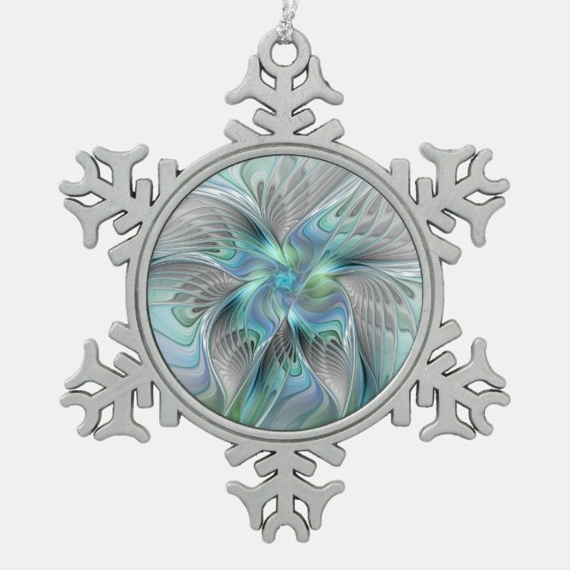 Abstrakt Blue Green Butterfly Fantasy Fraktal Art Schneeflocken Zinn-Ornament (Vorderseite)