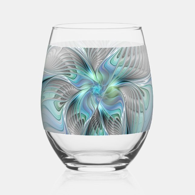Abstrakt Blue Green Butterfly Fantasy Fraktal Art Weinglas Ohne Stiel (Vorderseite)