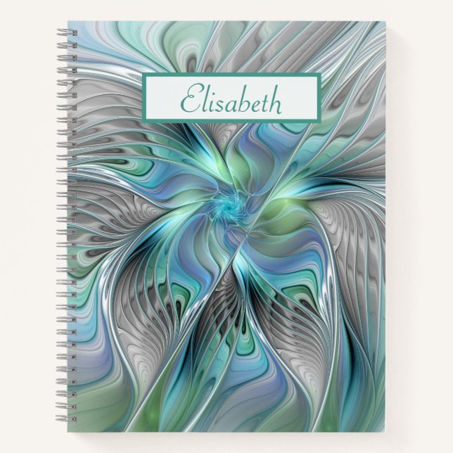 Abstrakt Blue Green Butterfly Fantasy Fraktal Name Notizbuch (Vorderseite)