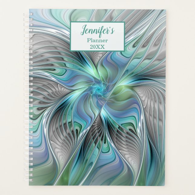 Abstrakt Blue Green Butterfly Fantasy Fraktal Name Planer (Vorderseite)