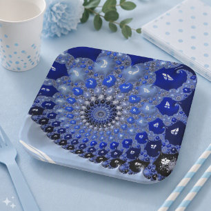 Abstrakt Blue Ombre Fraktal Bubbles Pappteller