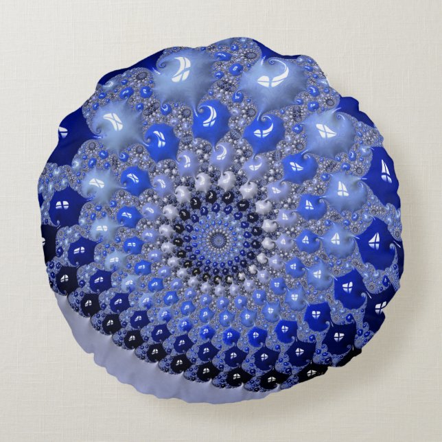 Abstrakt Blue Ombre Fraktal Bubbles Rundes Kissen (Rückseite)