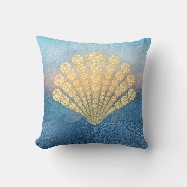Abstrakt Blue Sea Gold Diamond Seashell Kissen (Vorderseite)