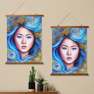 Abstrakt Blue Surrealismus Fantasy Woman Portrait Wandteppich Mit Holzrahmen