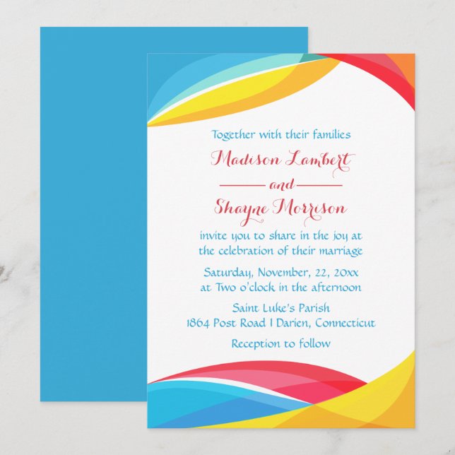 Abstrakt Blue Wedding Rainbow Wave Red & Yellow Einladung (Vorne/Hinten)
