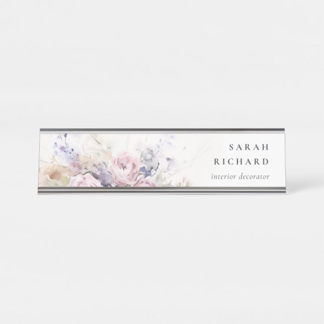 Abstrakt Blush Lilac Wasserfarbe Rose Blumenstrauß Schreibtischnamensplakette (Vorderseite )