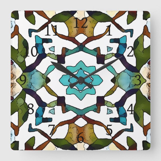 Abstrakt-Boho-geometrisches Design 304 Quadratische Wanduhr (Vorderseite)