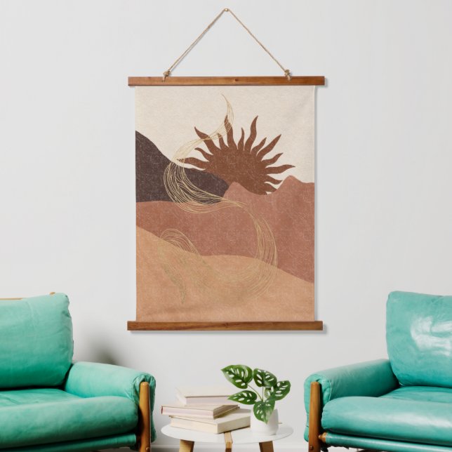 Abstrakt Boho Terracotta Bisque Wandteppich Mit Holzrahmen (Wohnzimmer)