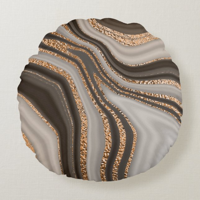 Abstrakt-brauner Marmor mit goldener Textur Rundes Kissen (Vorderseite)