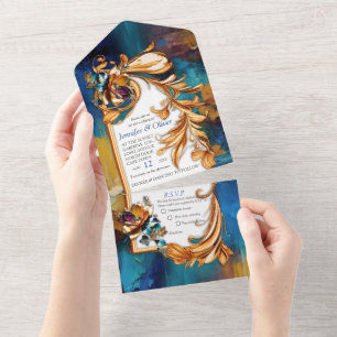 Abstrakt Bronze, Gold-Blau Barockstil All In One Einladung