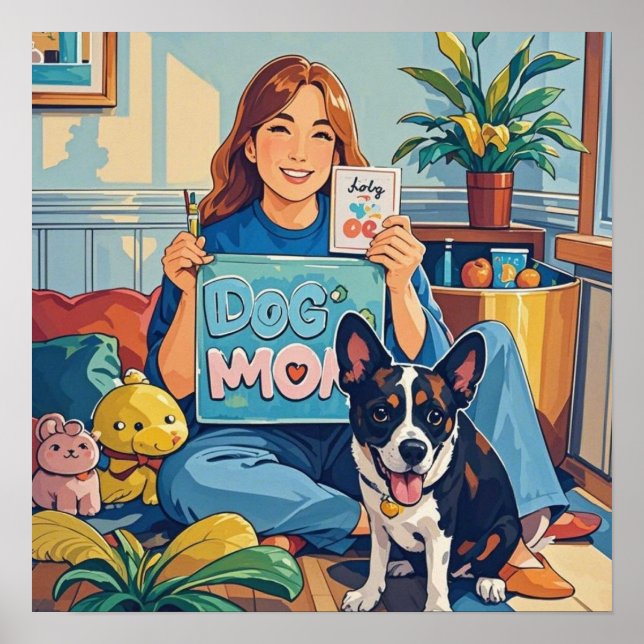 Abstrakt Cartoon Hund Mama Welpe Poster (Vorne)
