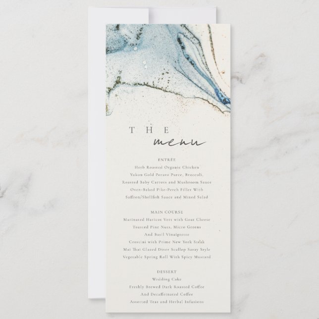 Abstrakt Chic Blue Gold Beachy Wedding Menu Card Einladung (Vorderseite)