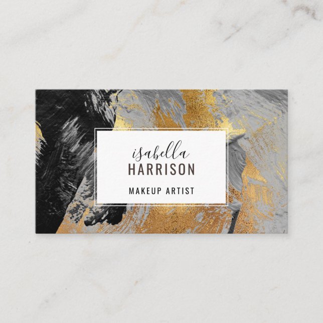 Abstrakt Chic Gold Glitzer Black Brushstrikes Visitenkarte (Vorderseite)