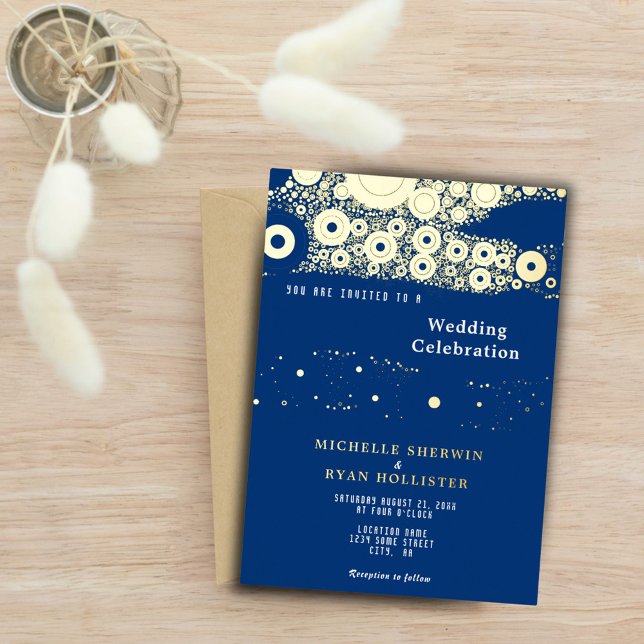 Abstrakt Circle Pattern Navy Blue Wedding Gold Folieneinladung (Von Creator hochgeladen)