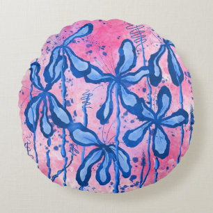 Abstrakt eingefärbte Blume Rosa blaue Lilien Rundes Kissen