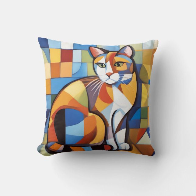 Abstrakt Feline Beauty Calico Cat Kubist Kissen (Vorderseite)