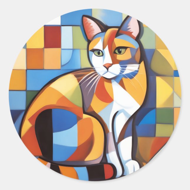 Abstrakt Feline Beauty Calico Cat Kubist Runder Aufkleber (Vorderseite)