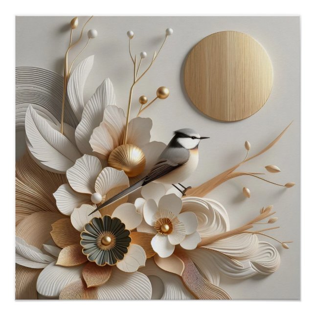 Abstrakt Florals & Bird mit Sonne: Gold, Weiß Poster (Vorderseite)