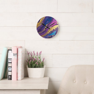 Abstrakt-Flow Art-Blue Rosa Lila und Gold- Runde Wanduhr