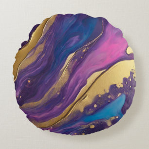 Abstrakt-Flow Art-Blue Rosa Lila und Gold- Rundes Kissen