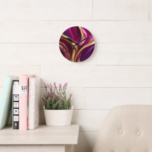 Abstrakt-Flow Art-Fuchsia Lila und Gold- Runde Wanduhr