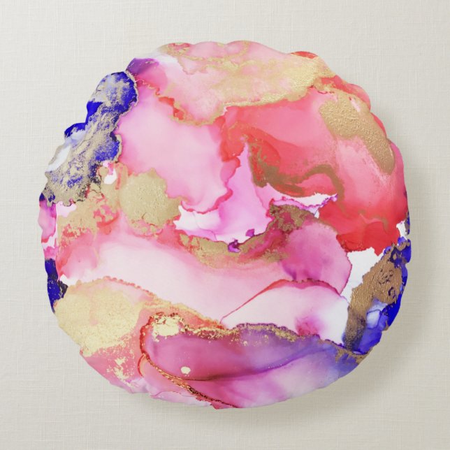 Abstrakt Fluid Art Lila Pink Gold Metallic Rundes Kissen (Vorderseite)