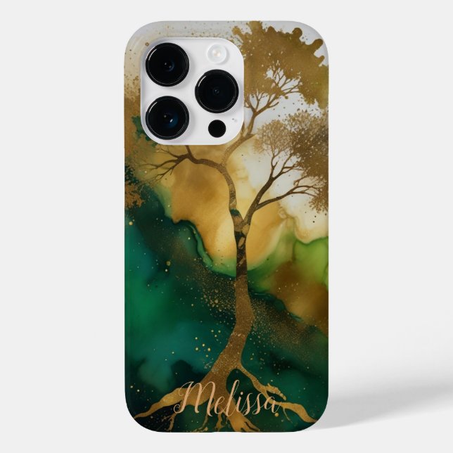 Abstrakt Fluid green Gold tree Personalize Name Ca Case-Mate iPhone 14 Pro Hülle (Rückseite)
