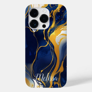 Abstrakt Fluid Navy Blau Gold Personalisieren Name Case-Mate iPhone 14 Pro Hülle