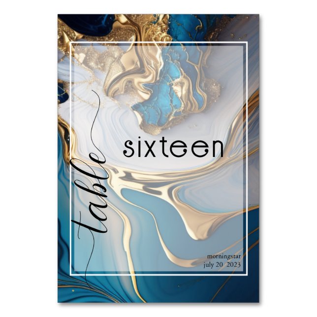 Abstrakt flüssiges Gold auf blauem Marmor Tischnummer (Vorderseite)