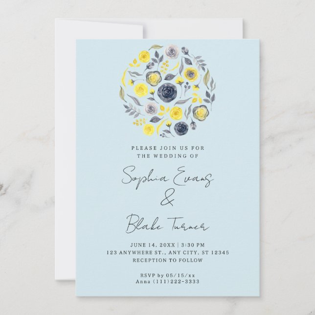 Abstrakt-gelbe und blaue Bouquet-Hochzeit Einladung (Vorderseite)