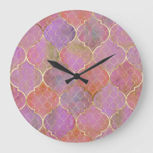 Abstrakt Geometrisch: Marokkanisches Gold-Aquarell Große Wanduhr