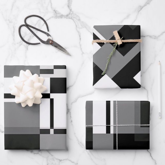 Abstrakt geometrisch, schwarz und weiß, mondrian geschenkpapier set (Vorderseite)