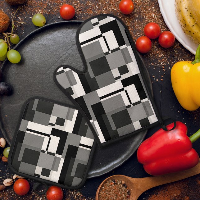 Abstrakt geometrisch, schwarz und weiß, mondrian ofenhandschuh & Topflappen-Set (Von Creator hochgeladen)