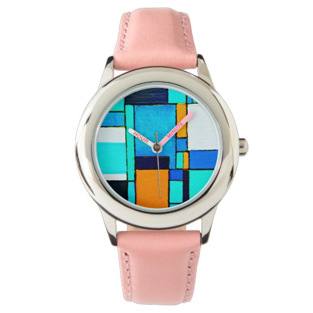 Abstrakt geometrische, moderne Blauorange Armbanduhr (Vorderseite)